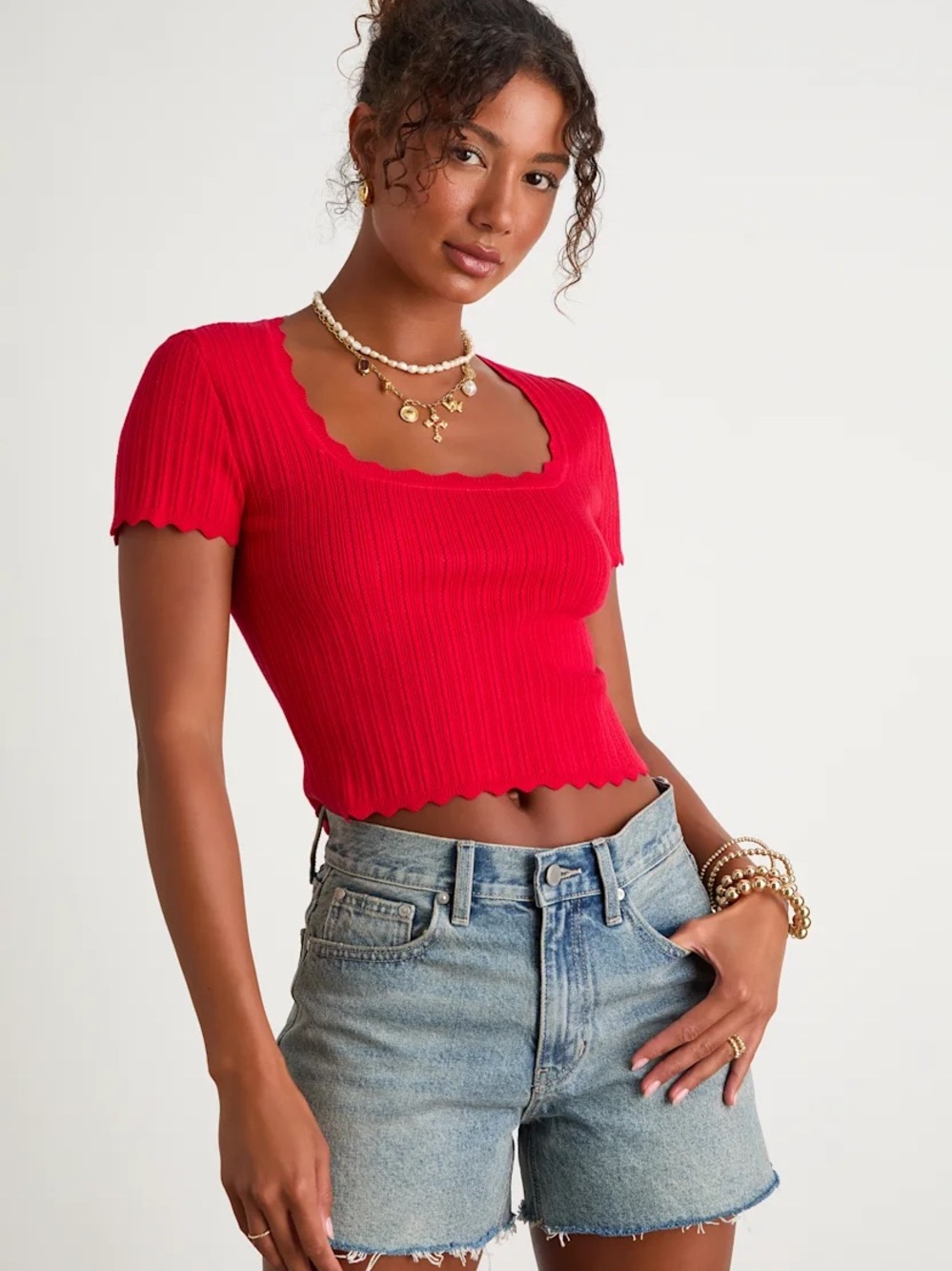 Lulus Shannah Bright Red Pointelle Knit Short Sleeve Top